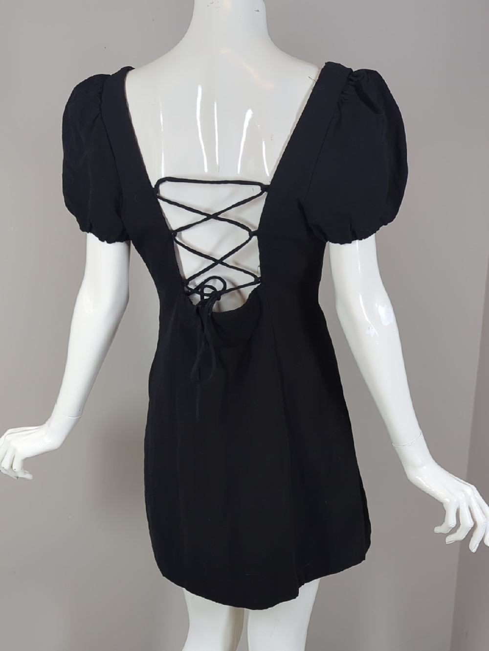 Zara Black Lace-Up Open Back Puff Sleeve Mini Dress